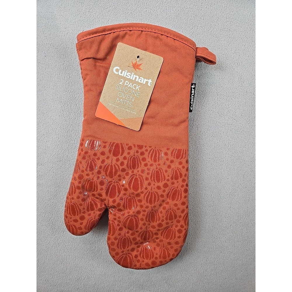 Cuisinart Oven Mitt Glove Set (2) Orange Pumpkins Thanksgiving Silicone Cotton